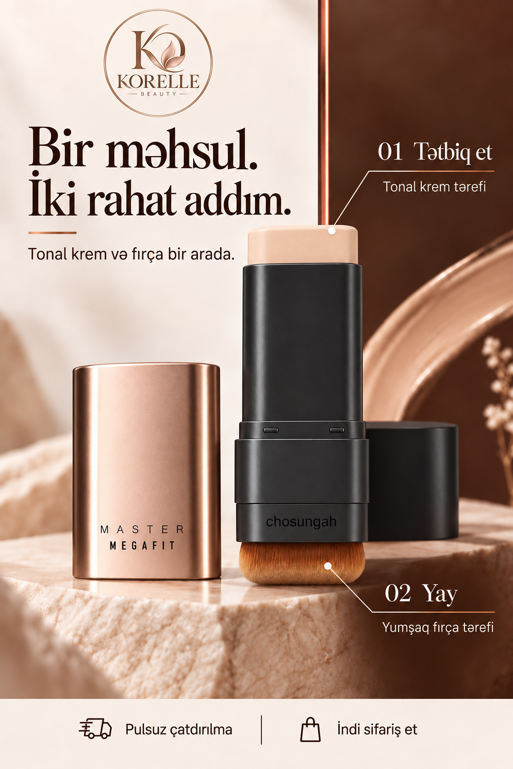 Korelle Fırçalı Stik Tonal Krem — Bir məhsul, iki rahat addım
